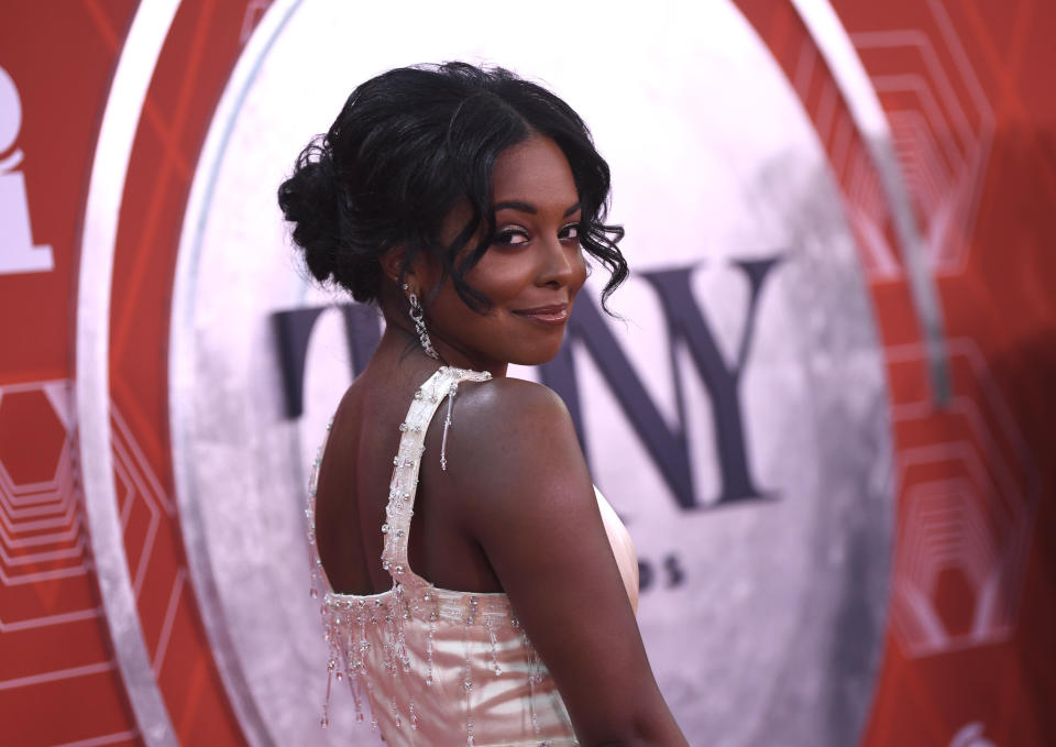 Adrienne Warren arrives at the 74th annual Tony Awards at Winter Garden Theatre on Sunday, Sept. 26, 2021, in New York. (Photo by Evan Agostini/Invision/AP)