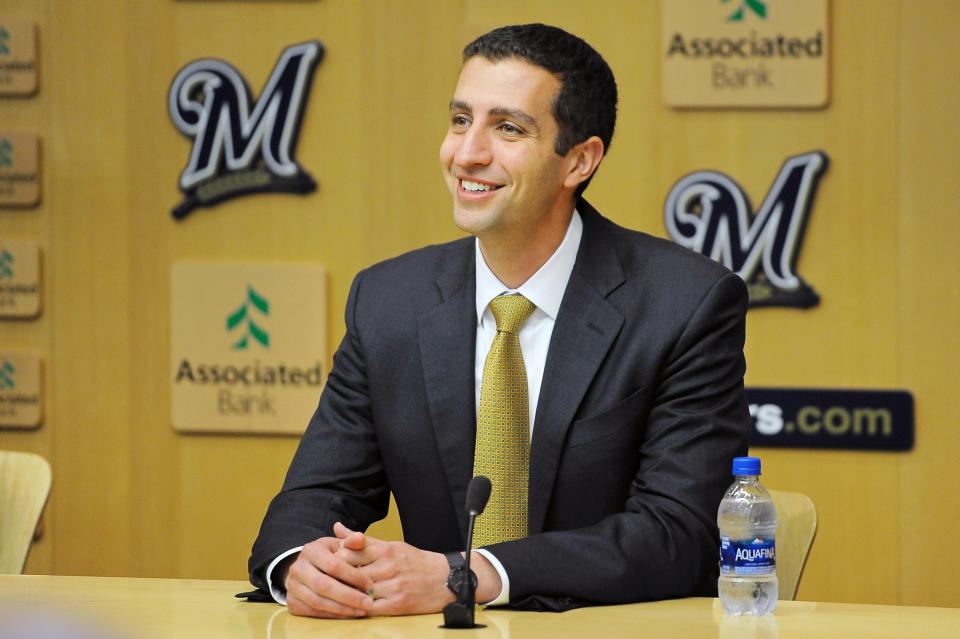 Mar 28, 2019;  Milwaukee, WI, USA;  Milwaukee Brewers President of Baseball Operations and General Manager David Stearns addresses the media before their game against the St.  Louis Cardinals at Miller Park.  Mandatory Credit: Michael McLoone-USA TODAY Sports