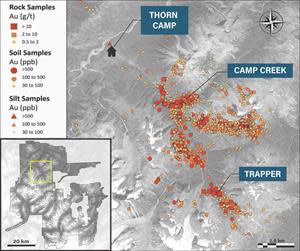 Trapper Gold Target Location Map on Gold Geochemistry Plot, Thorn Project