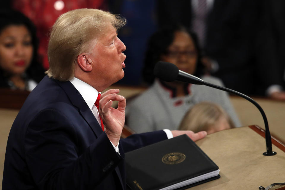 FILE - In this Feb. 4, 2020, file photo, President Donald Trump delivers his State of the Union address to a joint session of Congress on Capitol Hill in Washington. Rep Adam Schiff, D-Calif., the Intelligence Committee Chairman who rose to national prominence leading the first Trump impeachment and probing Russian election interference sees nothing less that democracy at stake with the former president's his continued presence on the national political stage. (AP Photo/J. Scott Applewhite)