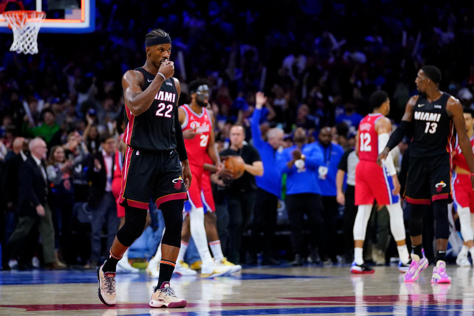 Miami Heat forward Jimmy Butler walks off the court after Game 4 of an NBA basketball second-round playoff series against the Philadelphia 76er, Sunday, May 8, 2022, in Philadelphia. (AP Photo/Matt Slocum)
