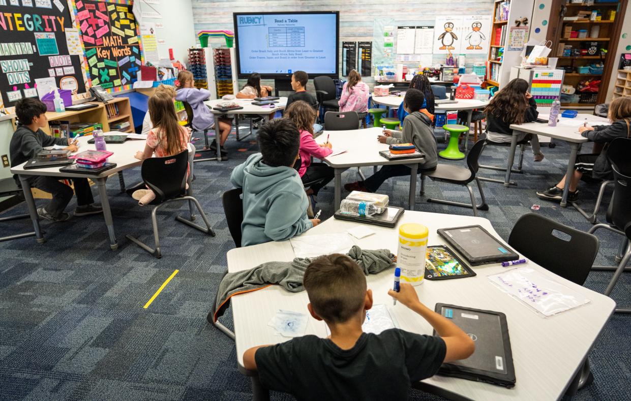 Mrs. Eden's fourth grade class practice reading tables during a lesson on Wednesday morning, April 24, 2024 at Jack Frost Elementary School in Georgetown, Texas. Georgetown will vote on a $649.5 million bond proposal in the upcoming election. Proposition A of the bond includes the renovation of a nearby middle school to become a the new location of the overcrowded and outdated elementary school.