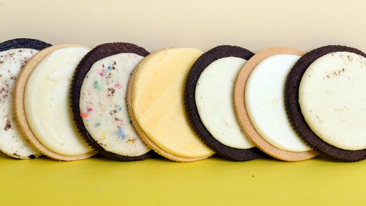 boston, ma 042915 studio shot shows the filling of several varieties of oreo cookies ltor mega stuff, golden double stuff, lemon creme, traditional, golden and double stuff on thursday, april 29, 2015 staff photo by patrick whittemore
