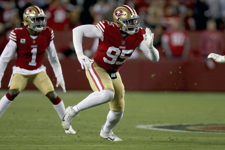 FILE - San Francisco 49ers defensive end Drake Jackson (95) rushes during an NFL football game against the Los Angeles Chargers, Sunday, Nov. 13, 2022, in Santa Clara, Calif. Drake Jackson’s promising rookie season for the San Francisco 49ers had a disappointing finish that has provided the fuel for his offseason. (AP Photo/Scot Tucker, File)