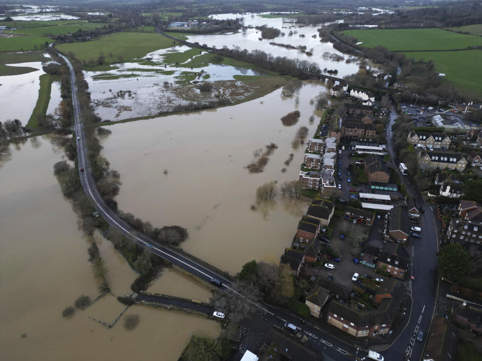 An areal view of flooding in Pulborough, West Sussex, England, Friday, Jan. 5, 2024. (Jamie Lashmar/PA via AP)