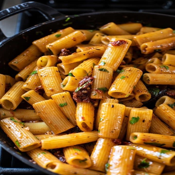 A skillet with rigatoni and sun-dried tomatoes.