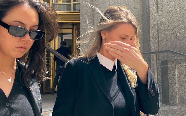 Aimee Harris, right, walks out of Manhattan federal court, on April 9, 2024, in New York. The Florida mother has been sentenced to a month in prison and three months of home confinement for stealing and selling President Joe Biden's daughter's diary four years ago. 