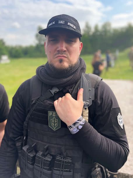 PHOTO: Denis Kapustin, founder of the paramilitary group that calls themselves the Russian Volunteer Corps, meets with members of the press in northern Ukraine near the Russian border, May 24, 2023. (Tom Soufi Burridge/ABC News)