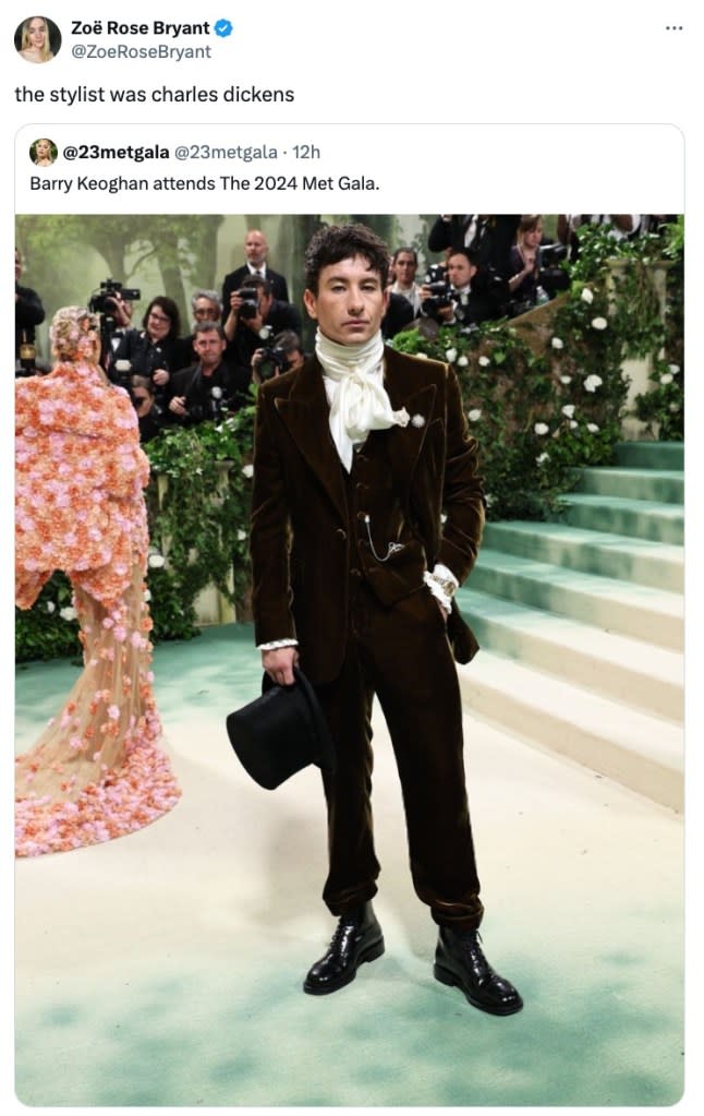 “The stylist was Charles Dickens” was the hilarious fictional observation about the inspo behind Barry Keoghan’s ‘fit. @ZoeRoseBryant/X