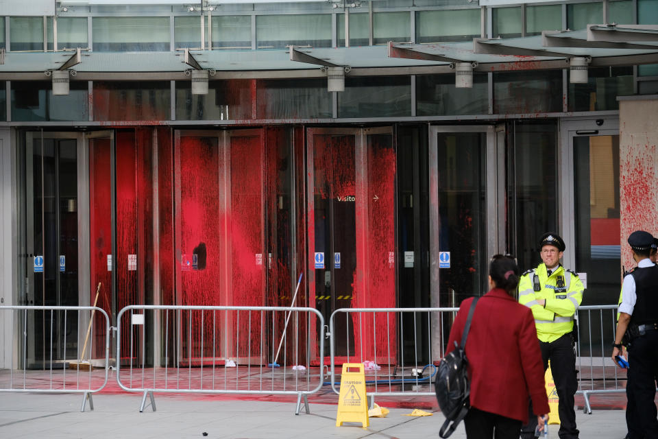 LONDON, UNITED KINGDOM - OCT 14, 2023 - March for Palestine through central London. Red paint on the BBC HQ. (Photo credit should read Matthew Chattle/Future Publishing via Getty Images)