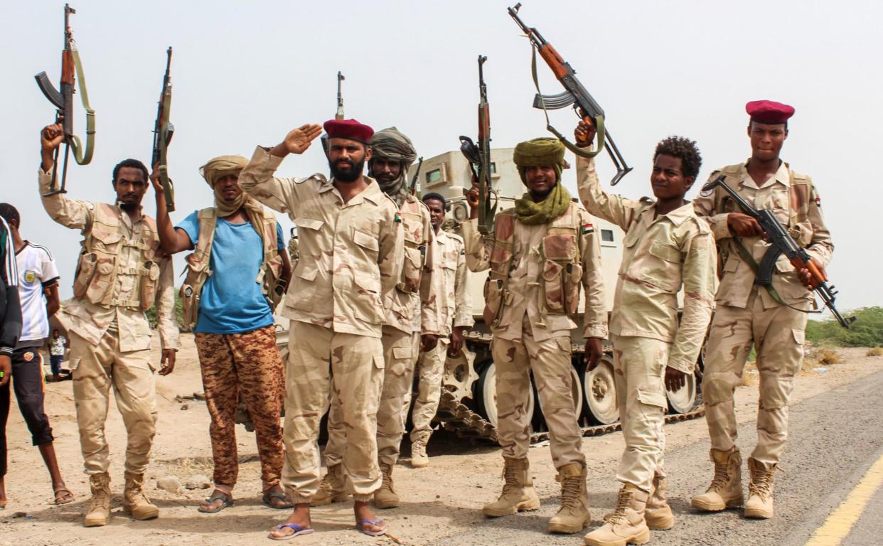 Sudanese soldiers fighting alongside Yemen's Saudi-backed pro-government forces against the Houthi rebels near Al-Jah, southwest of the Red Sea port city of Hodeidah: AFP/Getty