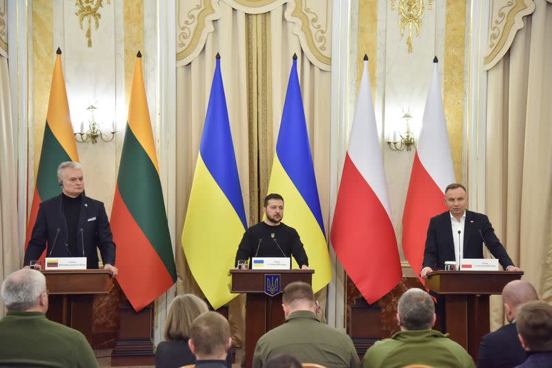 Ukraine's President Zelenskiy, Poland's President Duda and Lithuanian President Nauseda attend a joint news briefing in Lviv