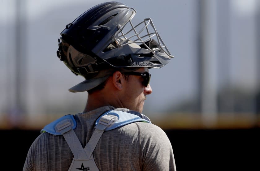 IRVINE, CALIF. - JULY 8, 2020. Minor league catcher Chris Betts works out with a group of players at a field in the Great American Park in Irvine on Wednesday, July 8, 2020. (Luis Sinco/Los Angeles Times)