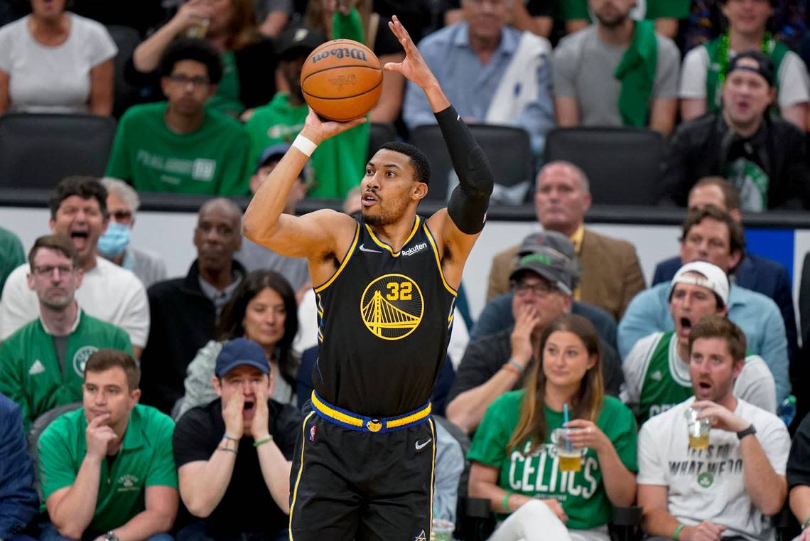 Golden State Warriors forward Otto Porter Jr. (32) puts up a shot against the Boston Celtics during the second quarter of Game 3 of the NBA Finals on June 8, 2022, in Boston.