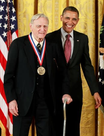 U.S. President Obama presents the National Medal of Science award to Dr. John Goodenough, University of Texas at Austin during a ceremony in the East Room of the White House in Washington