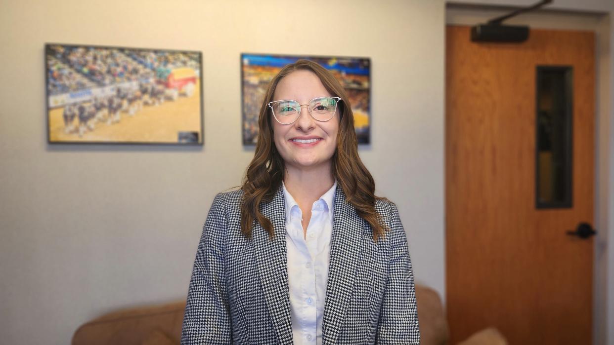 Hope Stokes, the director of marketing for the Amarillo Convention and Visitors Bureau, speaks about the impact of the WRCA Rodeo on the Amarillo community Wednesday at the Amarillo Civic Center.