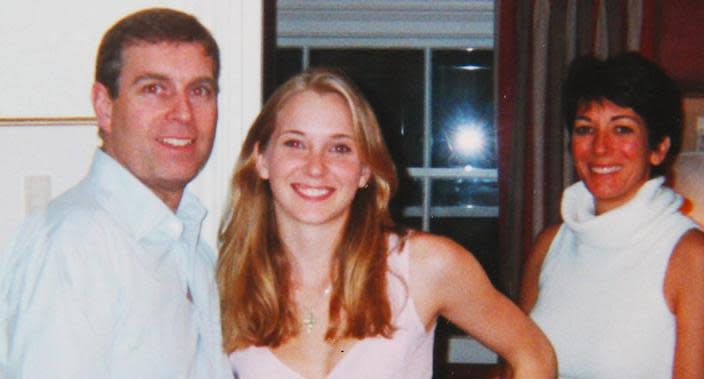 Prince Andrew pictured in an infamous picture with a then 17-year-old Virginia Roberts with Ghislaine Maxwell in the background.