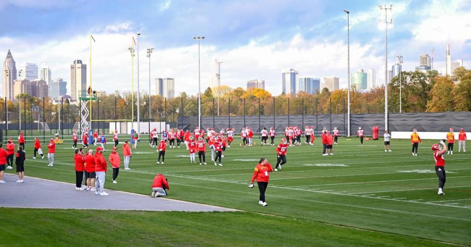 The Kansas City Chiefs worked out at the Deutscher Fußball-Bund campus (German soccer program training complex) on Friday against the backdrop of the Frankfurt, Germany skyline.