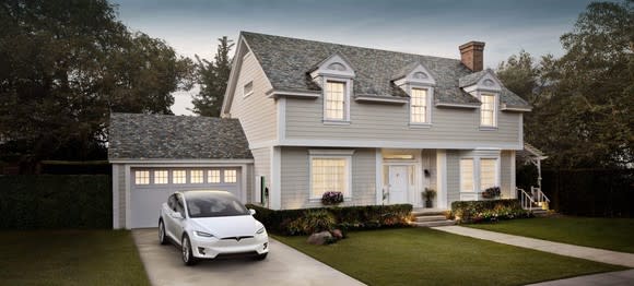 Home with Tesla's solar roof tiles.