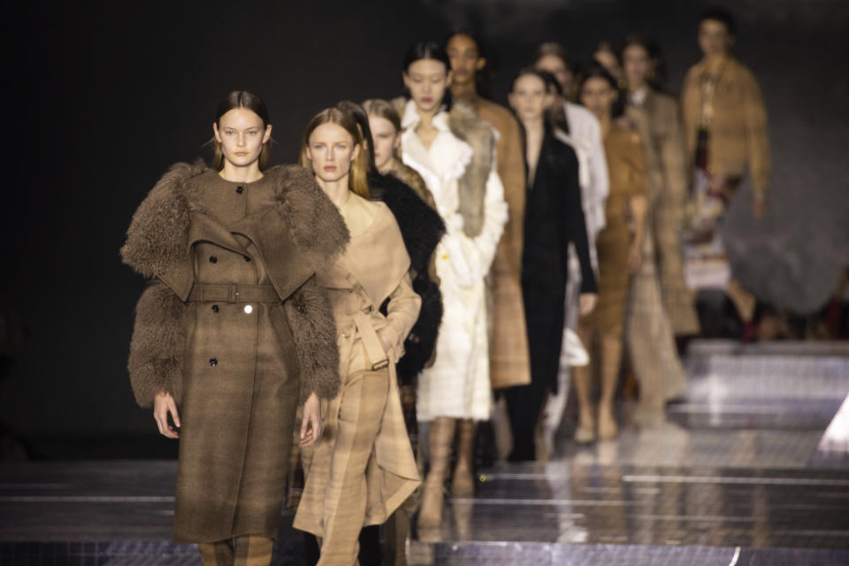 Models wear creations by designer Burberry at the Autumn/Winter 2020 fashion week runway show in London, Monday, Feb. 17, 2020. (Photo by Vianney Le Caer/Invision/AP)