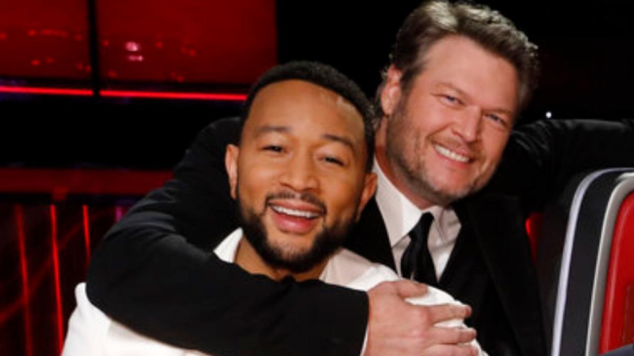  John Legend and Blake Shelton on The Voice. 