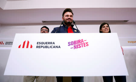 Republican Left of Catalonia (ERC) party's Gabriel Rufian takes part in a news conference to evaluate the results of the Spanish general election at their headquarters in Barcelona, Spain, April 29, 2019. REUTERS/Albert Gea/Files