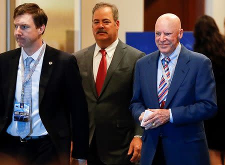 Jan 12, 2016; Houston, TX, USA; Houston Texans owners Cal McNair and Bob McNair enter for the 2016 NFL Owners meeting at the Westin Houston in Houston, TX. Mandatory Credit: Thomas B. Shea-USA TODAY Sports