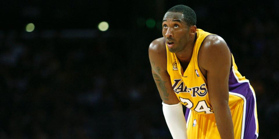 Kobe Bryant places his hands on his knees and looks up during a game in 2007.