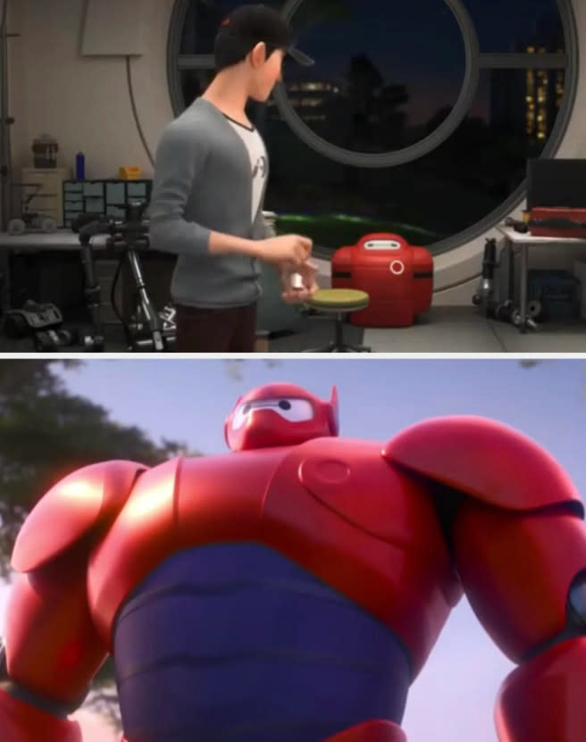 Tadashi designing charging case for Baymax; Baymax later in the film looking very similar to Tadashi's design