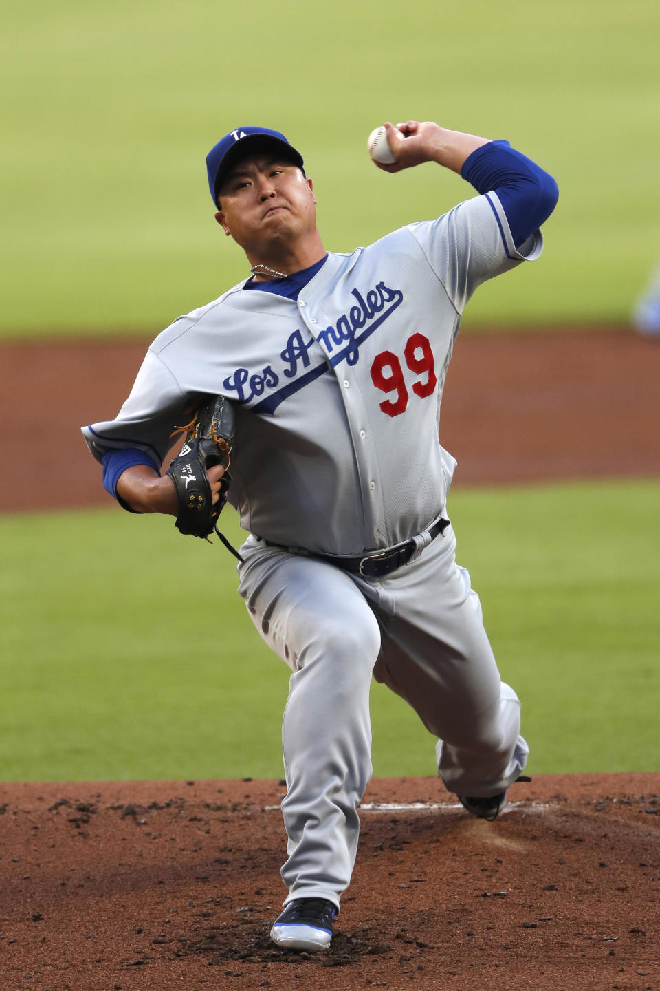 Los Angeles Dodgers starting pitcher Hyun-Jin Ryu throws in the first inning of a baseball game against the Atlanta Braves, Saturday, Aug. 17, 2019, in Atlanta. (AP Photo/John Bazemore)