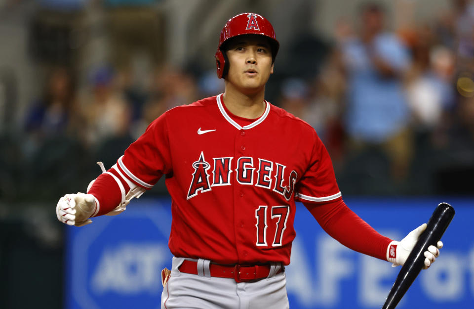 天使大谷翔被遊騎兵Max Scherzer三振2次。（MLB Photo by Ron Jenkins/Getty Images）