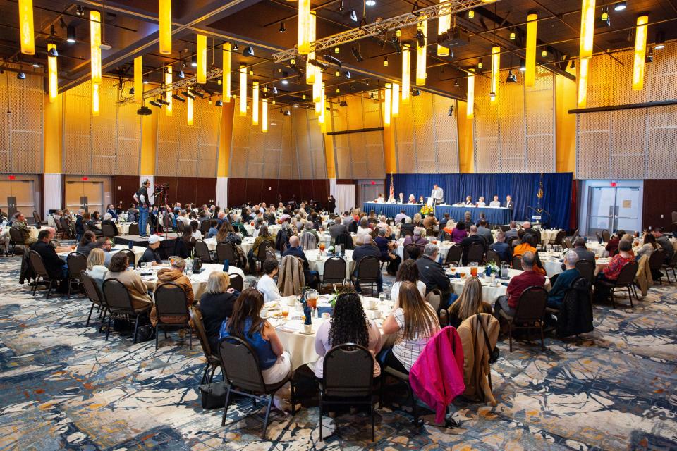 Attendees at the annual State of the City address listen to Mayor Chris Hoy speak Wednesday at the Salem Convention Center.