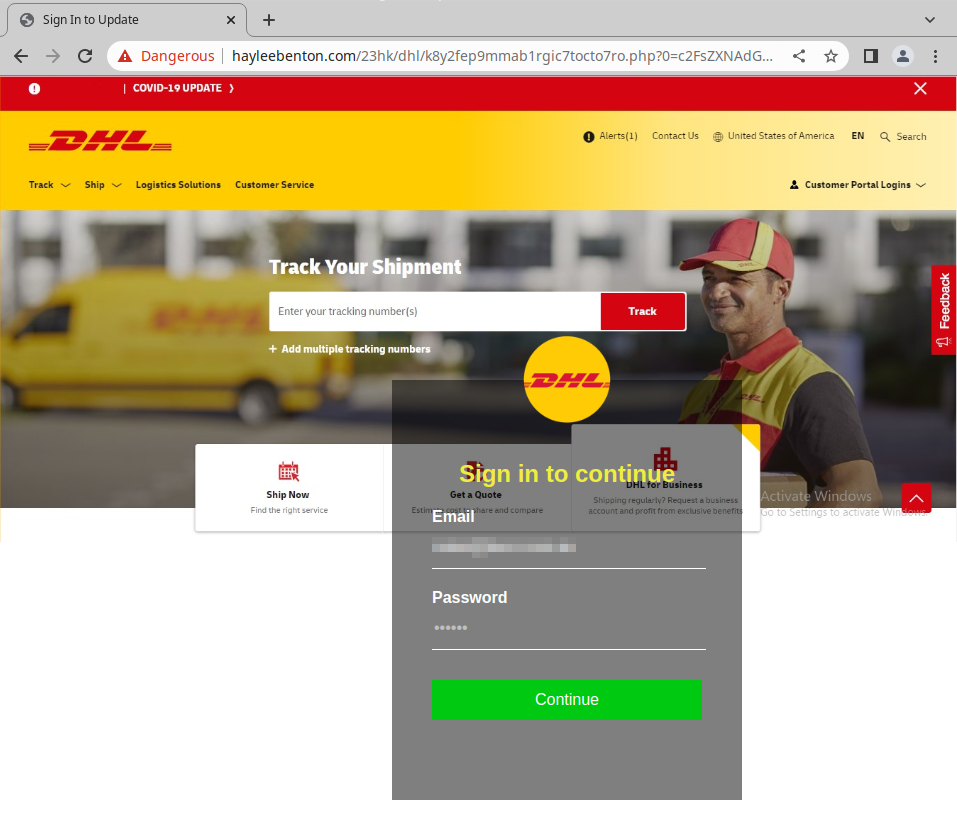 A screenshot of the DHL scam site.