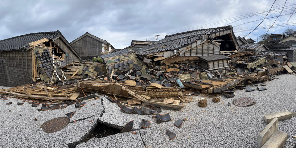 In the historic district of Kuroshima, a coastal village on the outskirts of Wajima, buildings made of traditional materials crumbled with the force of the quake.  (Janis Mackey Frayer)