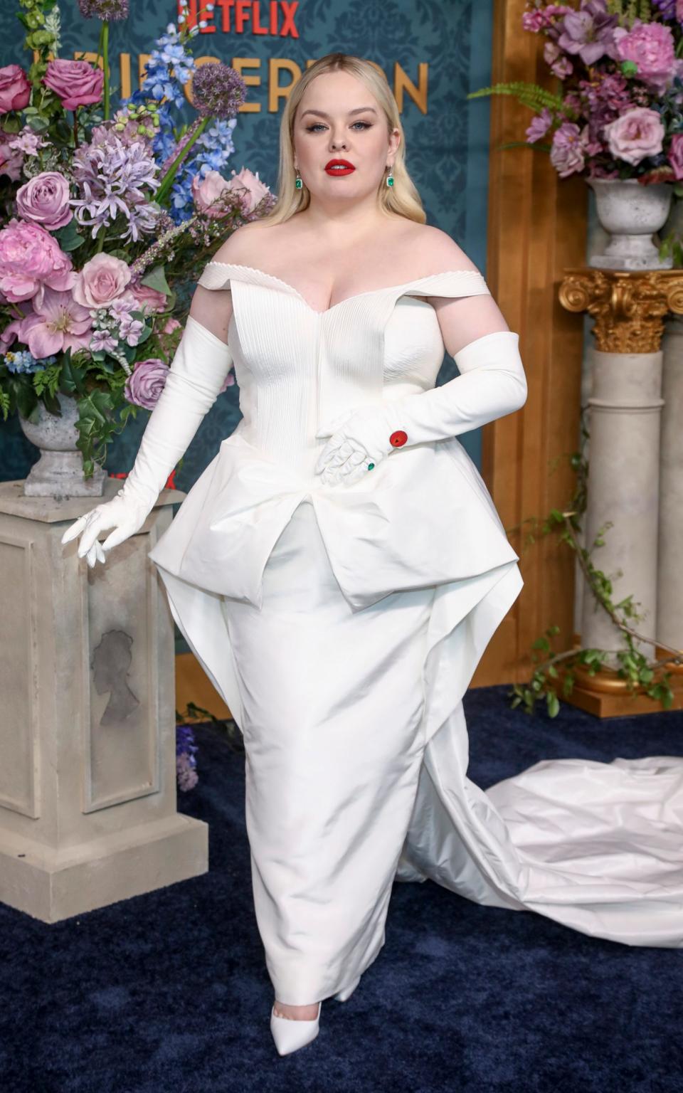 Nicole Coughlan wearing a Danielle Frankel gown at the world premiere of Bridgerton Season 3 at Alice Tully Hall, New York on May 13