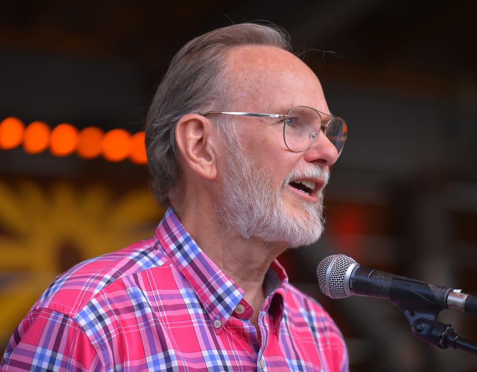 Candidates running for the upcoming state and local primary election speak during the Stump the Yard event held at FR8yard in downtown Spartanburg, Monday evening, June 6, 2022. Bill Bledsoe, candidate for Commissioner of Agriculture, speaks during the event.