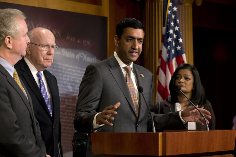 Rep. Ro Khanna, D-Calif., accompanied by Sen. Chris Van Hollen, D-Md., Sen. Patrick Leahy, D-Vt., and Rep. Pramila Jayapal, D-Wash., speaks during a news conference on a measure limiting President Donald Trump's ability to take military action against Iran, on Capitol Hill, in Washington, Thursday, Jan. 9, 2020. (AP Photo/Jose Luis Magana)