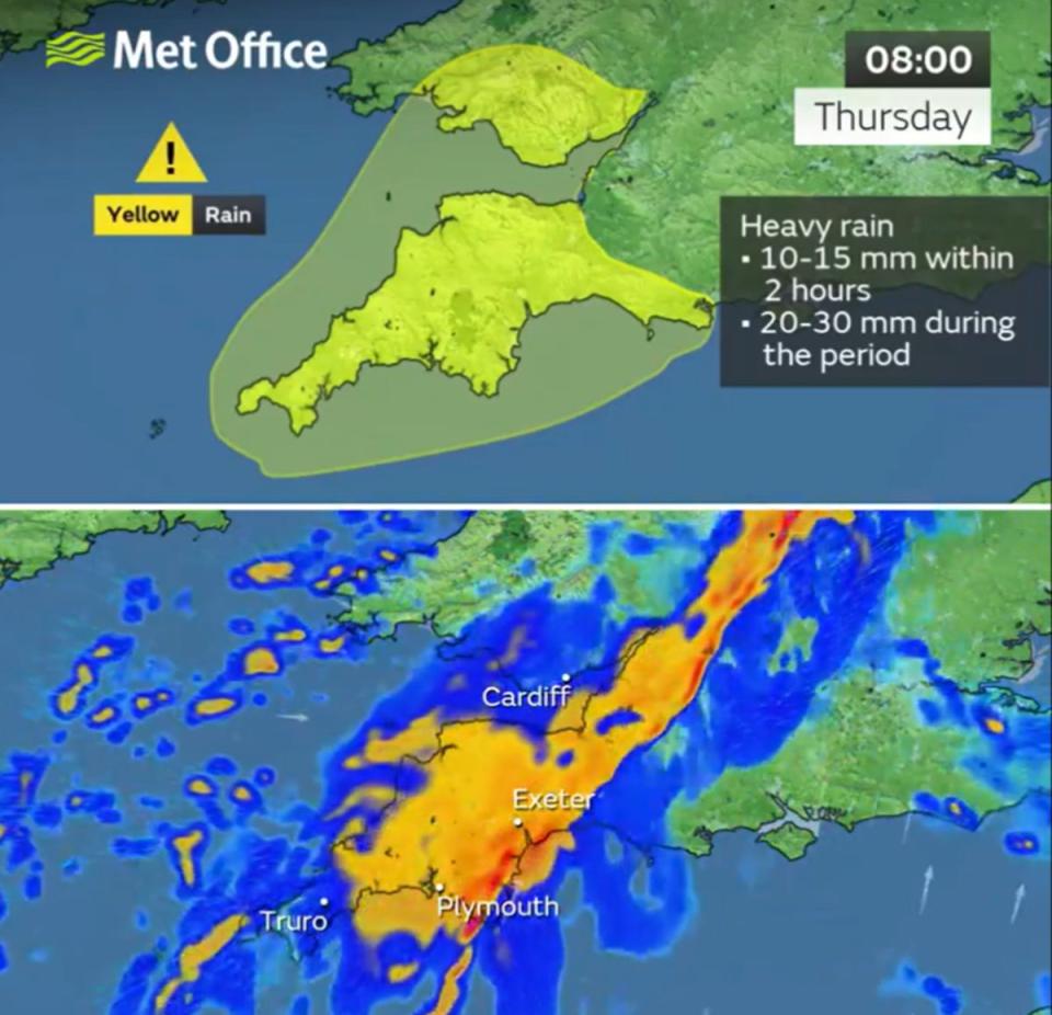 Map shows areas of Southwest England and Wales under yellow weather warning (Met Office)