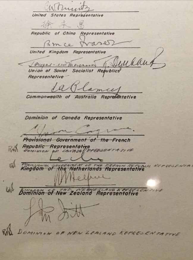 The image shows multiple signatures from representatives of various countries on a document. This includes signatures from United States, China, United Kingdom, USSR, Australia, Canada, France, Netherlands, and New Zealand