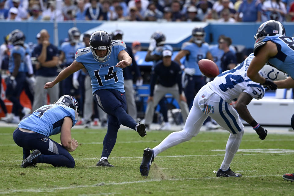 Tennessee Titans place kicker Randy Bullock (14) makes a field goal during the second half of an NFL football game against the Indianapolis Colts Sunday, Oct. 23, 2022, in Nashville, Tenn. (AP Photo/Mark Zaleski)