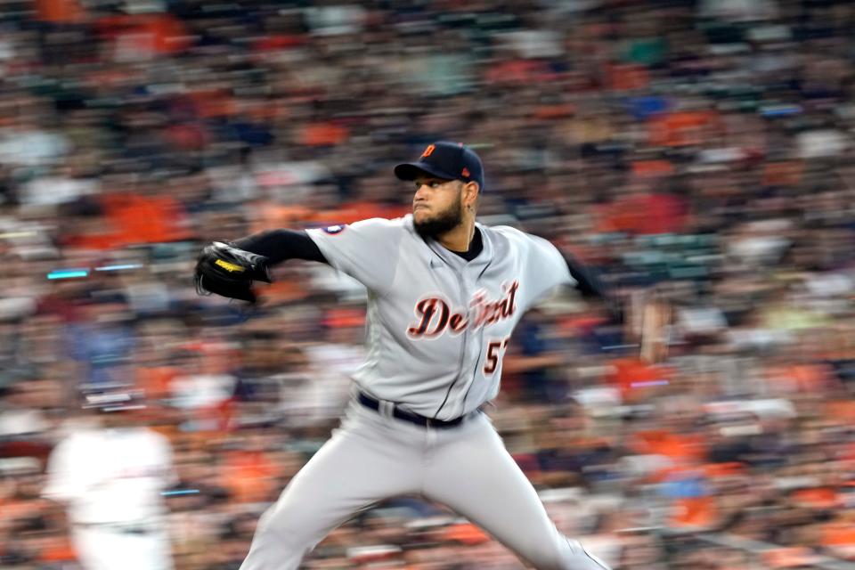Tigers starting pitcher Eduardo Rodriguez throws against the Astros during the sixth inning Saturday, May 7, 2022, in Houston.