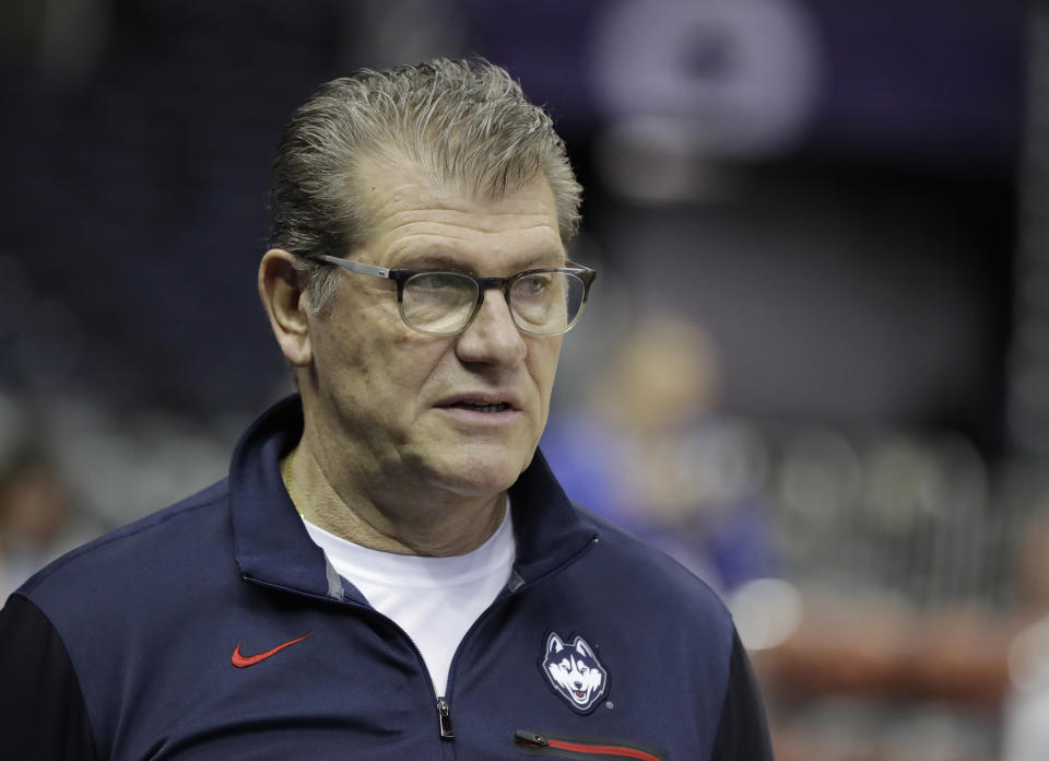 Connecticut head coach Geno Auriemma watches during a practice session for the women’s NCAA Final Four college basketball tournament, Thursday, March 29, 2018, in Columbus, Ohio. UConn plays Notre Dame on Friday. (AP Photo/Darron Cummings)