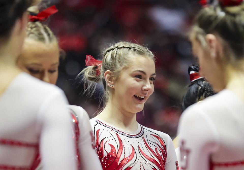 Utah’s Lucy Stanhope is pictured during a gymnastics meet at the Huntsman Center in Salt Lake City on Friday, March 4, 2022. | Mengshin Lin, Deseret News