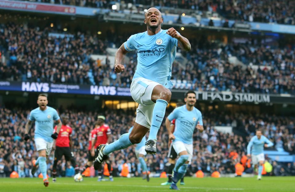 Manchester City’s Vincent Kompany celebrates scoring his side’s first goal of the game