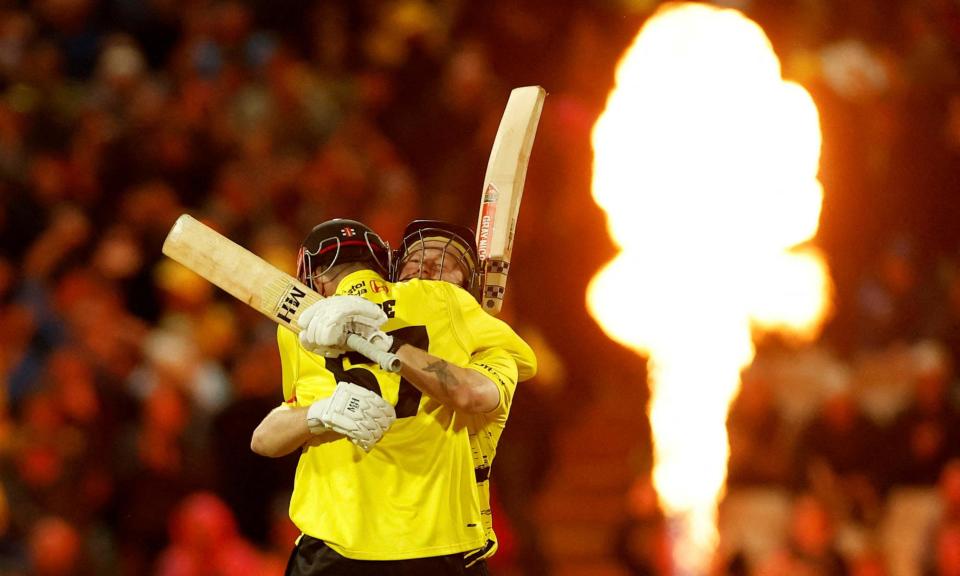 <span>Gloucestershire's Miles Hammond and Oliver Price celebrate after winning the T20 Blast final at Edgbaston.</span><span>Photograph: Jason Cairnduff/Action Images/Reuters</span>