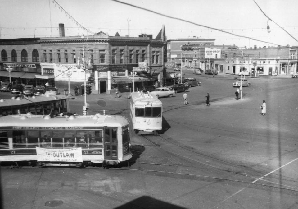 The intersections of Mountain and College Avenue and Linden Street are photographed here in 1950. A line of parking meters can be seen at the southwestern edge of Linden Street, where the road once met East Mountain Avenue.