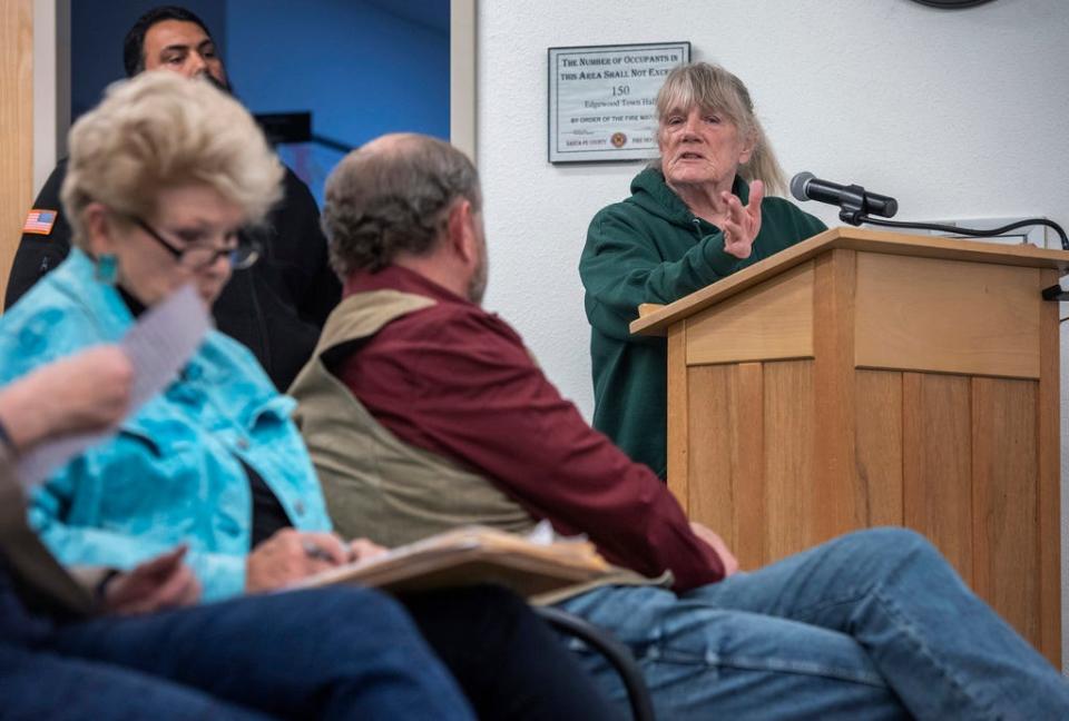 Barbara Fleming, of Edgewood, N.M., speaks against an ordinance to limit abortions, during a Town Council meeting in Edgewood on Tuesday, April 25, 2023. Resident flocked to a public meeting to discuss whether the town should adopt a local abortion-ban ordinance, extending a wave of local abortion restrictions in eastern New Mexico.