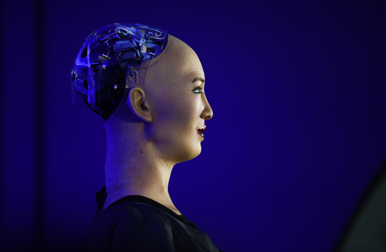 LISBON , PORTUGAL - 6 November 2019; Sophia The Female Robot during a press conference in the Media Village during day two of Web Summit 2019 at the Altice Arena in Lisbon, Portugal. (Photo By Stephen McCarthy/Sportsfile for Web Summit via Getty Images)