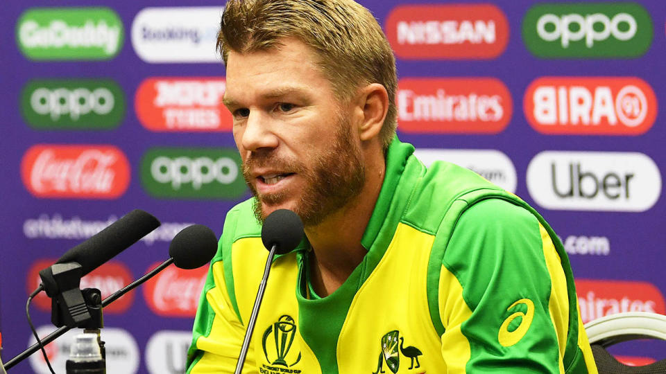 David Warner speaks to the media. (Photo by Stu Forster-IDI/IDI via Getty Images)