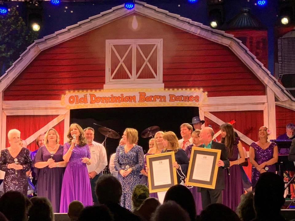 Donna Dean Stevens expresses her gratitude after Delegate Carrie Emerson Coyner presented a resolution to Old Dominion Barn Dance at the Beacon Theatre on March 9, 2024.